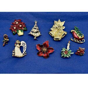Lot of Nine Vintage Christmas Brooches Pins Lapel Pin Gerry's Avon BJ & Unmarked